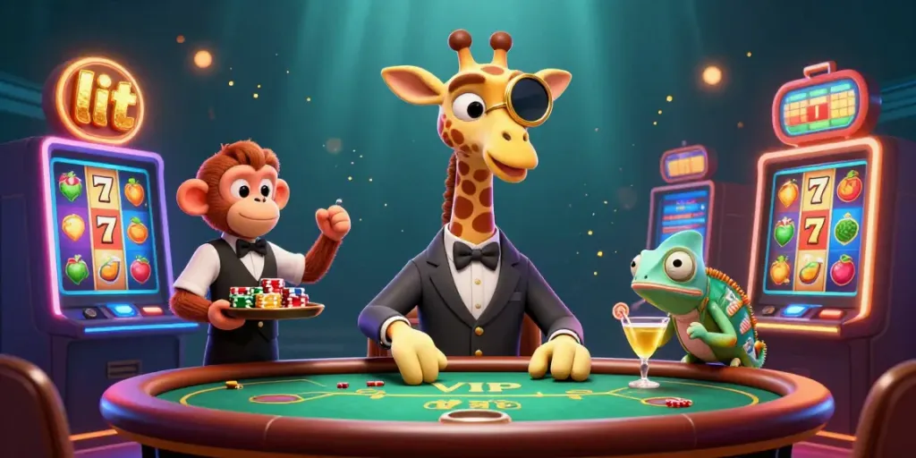 Experience the thrill of lit casino action with a giraffe at a poker table, surrounded by vibrant slot machines.