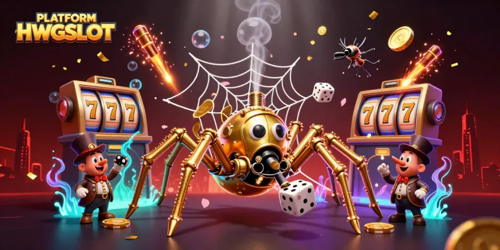 Experience thrilling gameplay with PLATFORM HWGSLOT featuring a steampunk spider in a vibrant casino scene.