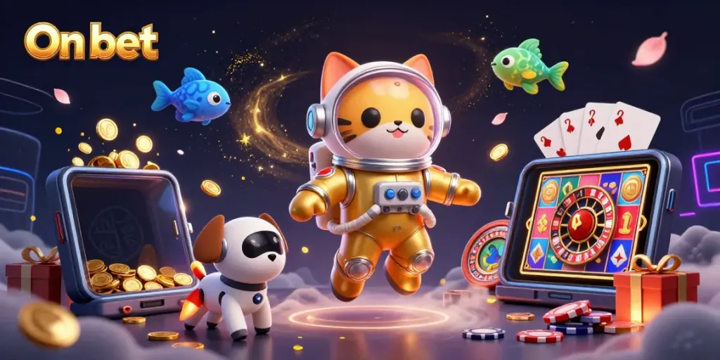 Experience winning moments on bet with a vibrant 3D casino scene featuring an astronaut cat and a robot dog.