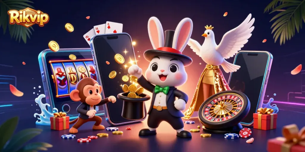Rikvip showcases a whimsical casino scene with a magician rabbit and vibrant gaming elements.