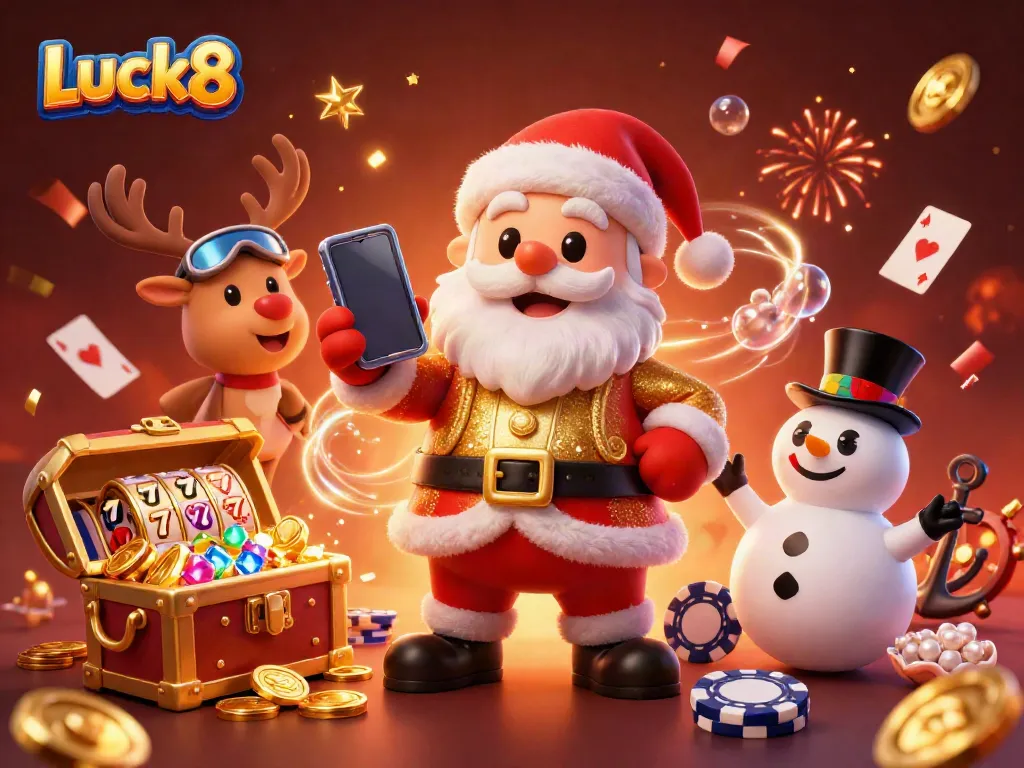 Luck8 offers exciting gameplay featuring Santa Claus using a smartphone for jackpots amidst festive casino elements.