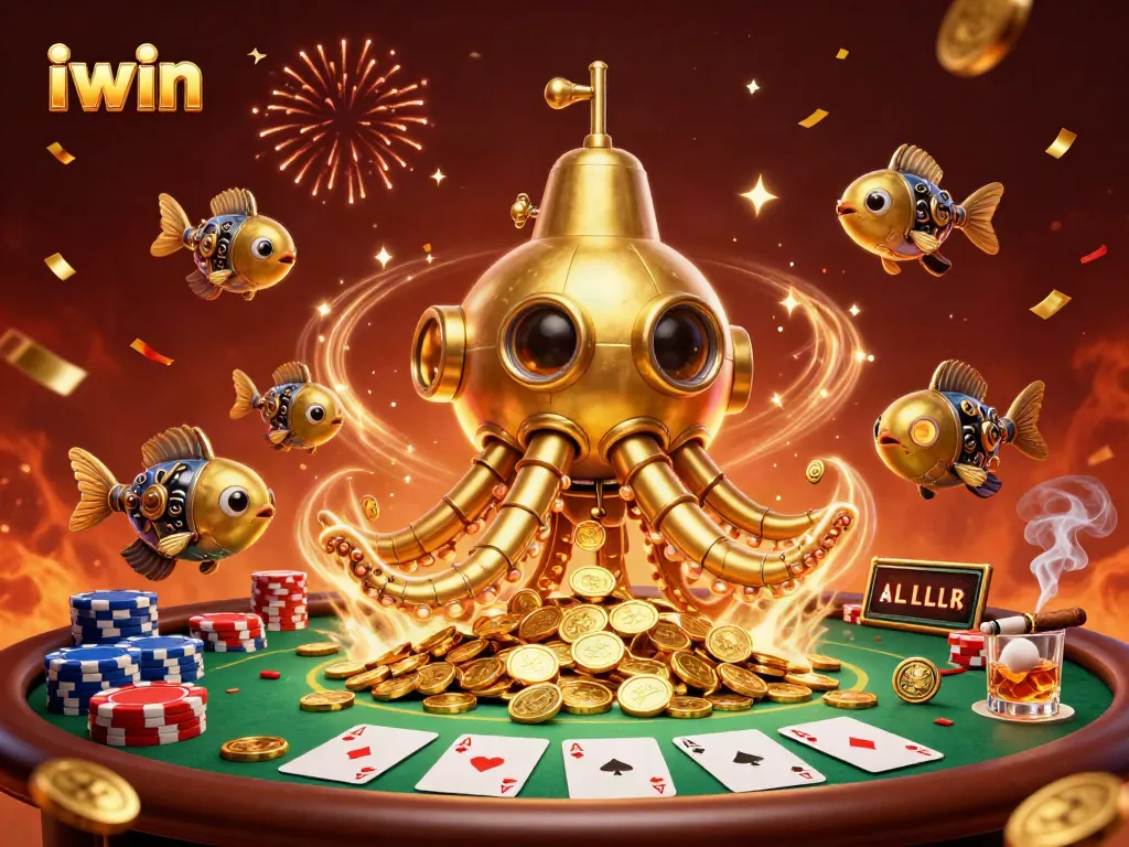 iwin showcases a thrilling casino atmosphere with a golden kraken submarine amidst poker elements.