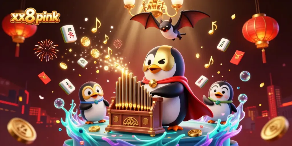 Engaging scene with the xx8 pink penguin character playing music, releasing golden coins amid vibrant casino elements.