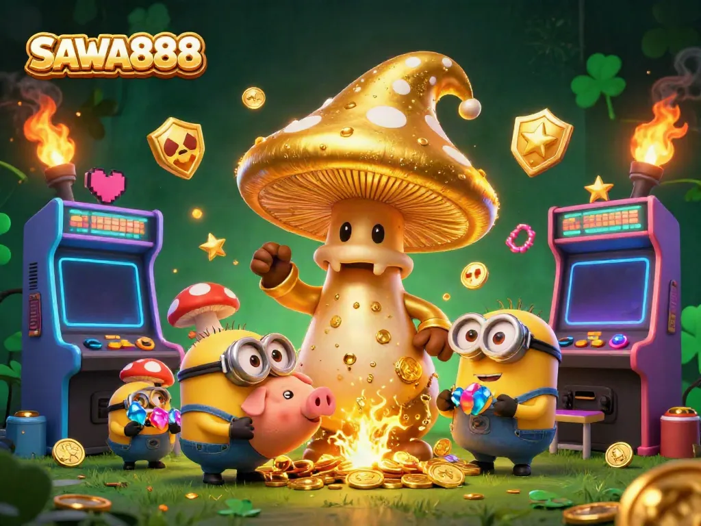 Experience SAWA888's magical casino with a golden mushroom wizard and treasure-hunting pig.