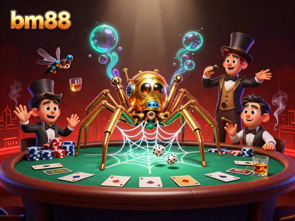 Experience the thrilling capture of unlucky dice by the bm88 spider in a vibrant casino web.