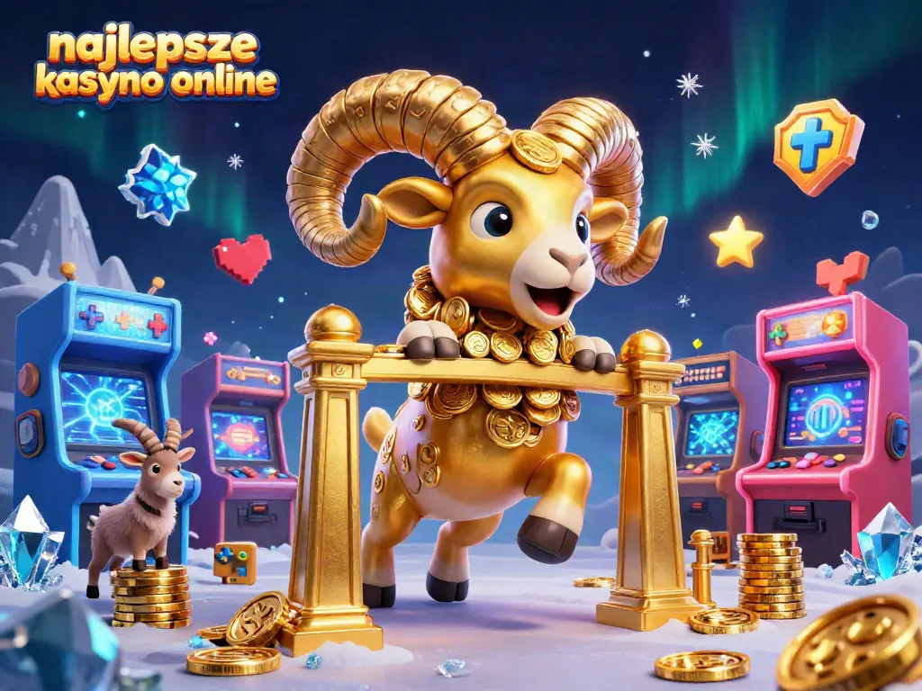 Experience the thrill at najlepsze kasyno online with a golden ram charging through a vibrant casino scene.