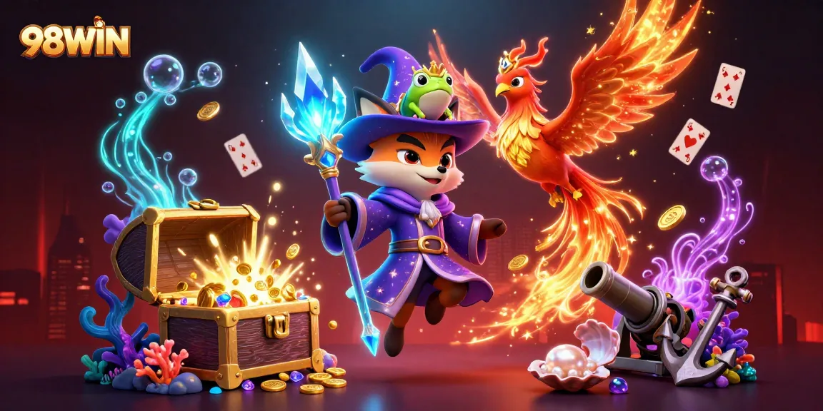 Experience thrilling gaming action with 98WIN, featuring vibrant illustrations of a mystical wizard and phoenix amidst treasure.