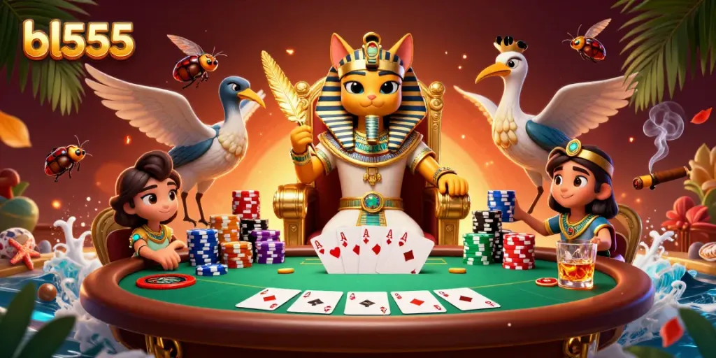 Engage with thrilling poker gameplay at bl555, featuring the Egyptian pharaoh cat surrounded by vibrant game elements.
