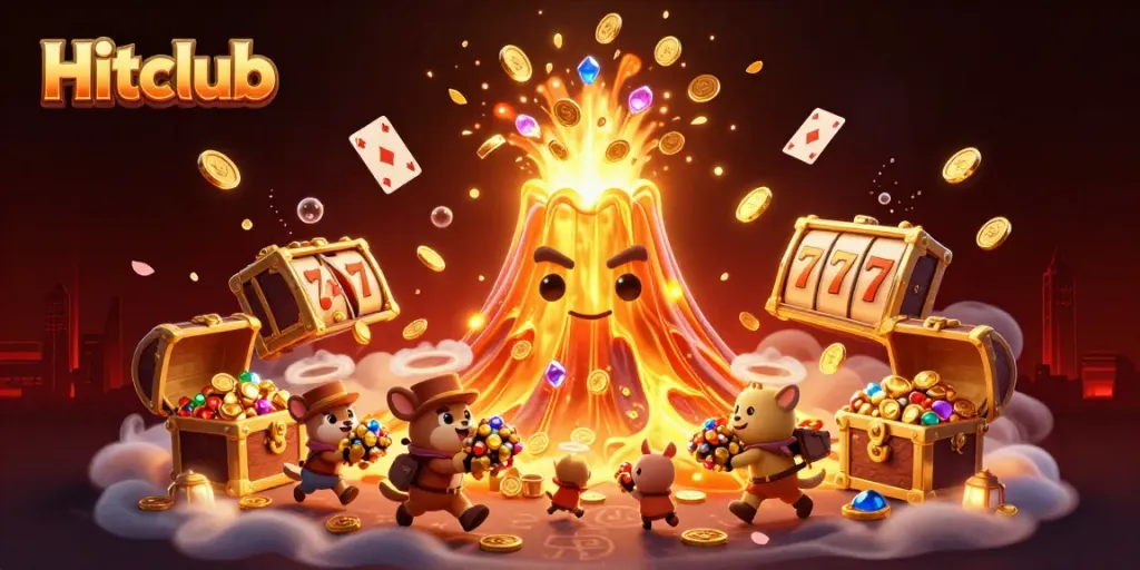 Hitclub showcases a golden volcano erupting treasures in an exciting casino-themed world.
