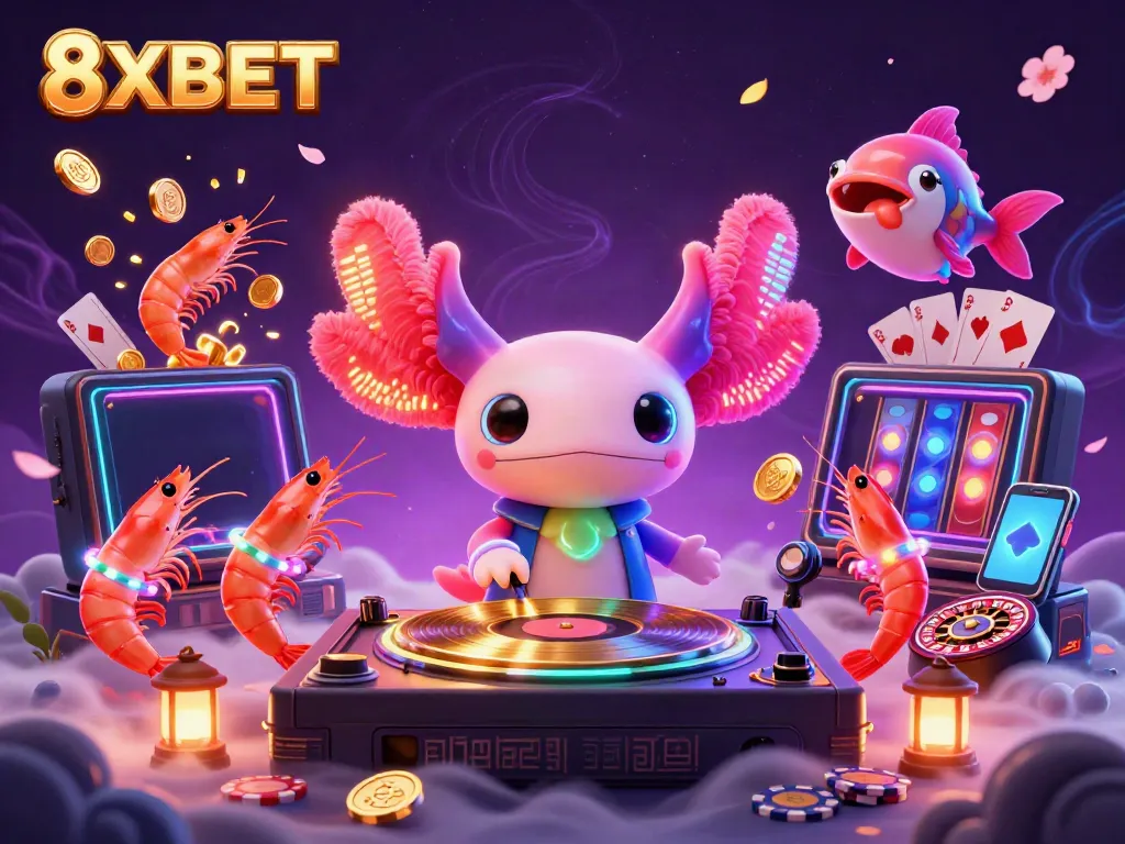 Engage in thrilling slot games with 8XBET featuring a vibrant scene of a DJ axolotl celebrating gaming excitement.