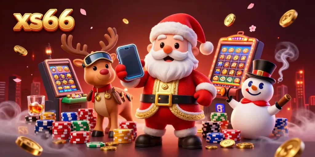 Experience thrills with xs66 as Santa, a reindeer, and a snowman celebrate jackpots amidst vibrant casino elements.
