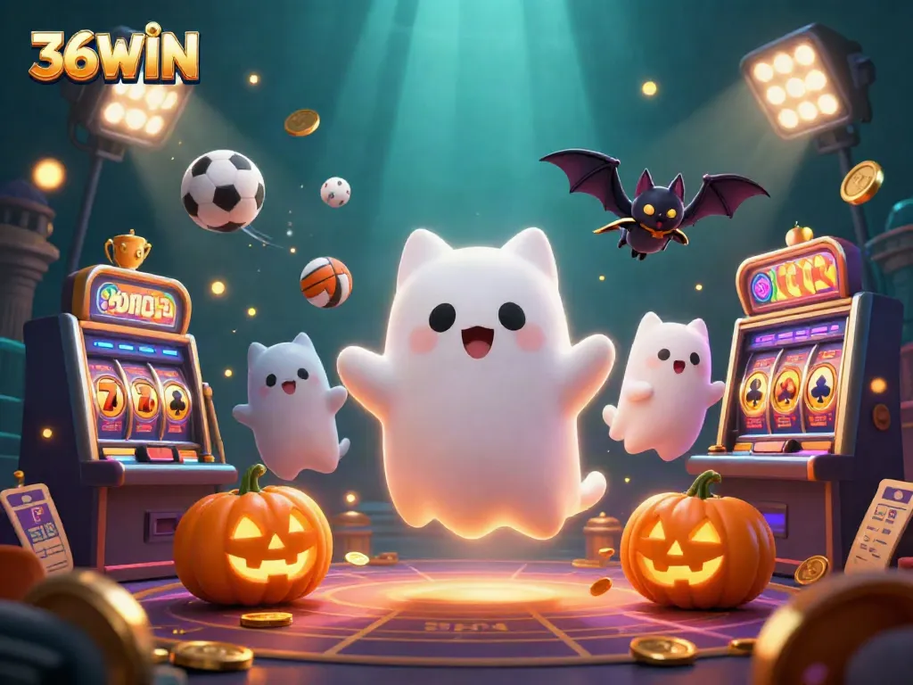 Engage with the thrilling world of 36WIN as a ghost cat and bat explore a haunted casino.