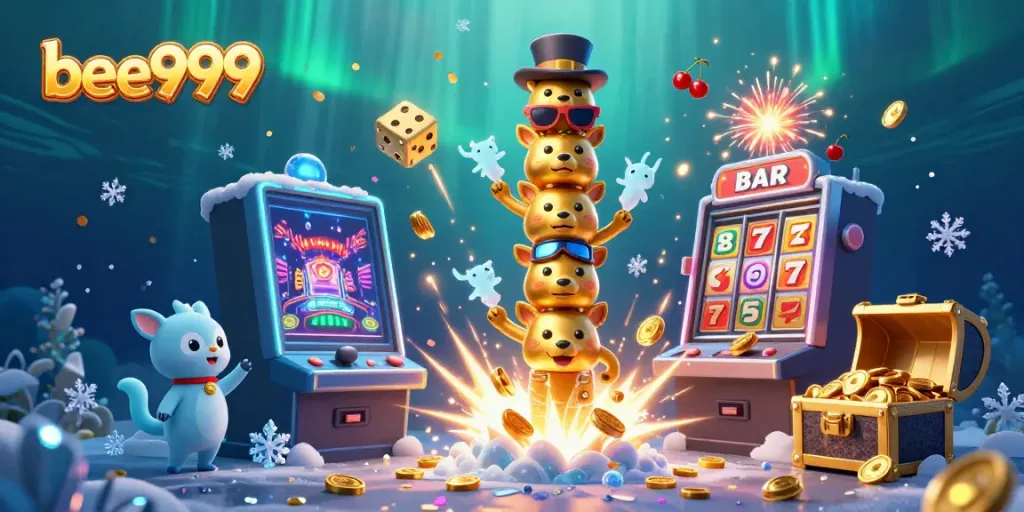 Experience the thrill of bee999's vibrant casino scene with a dazzling jackpot explosion and interactive game elements.