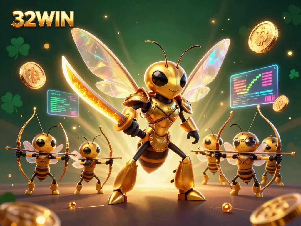 Experience thrilling action with 32WIN at a dynamic casino scene featuring unique characters and crypto elements.