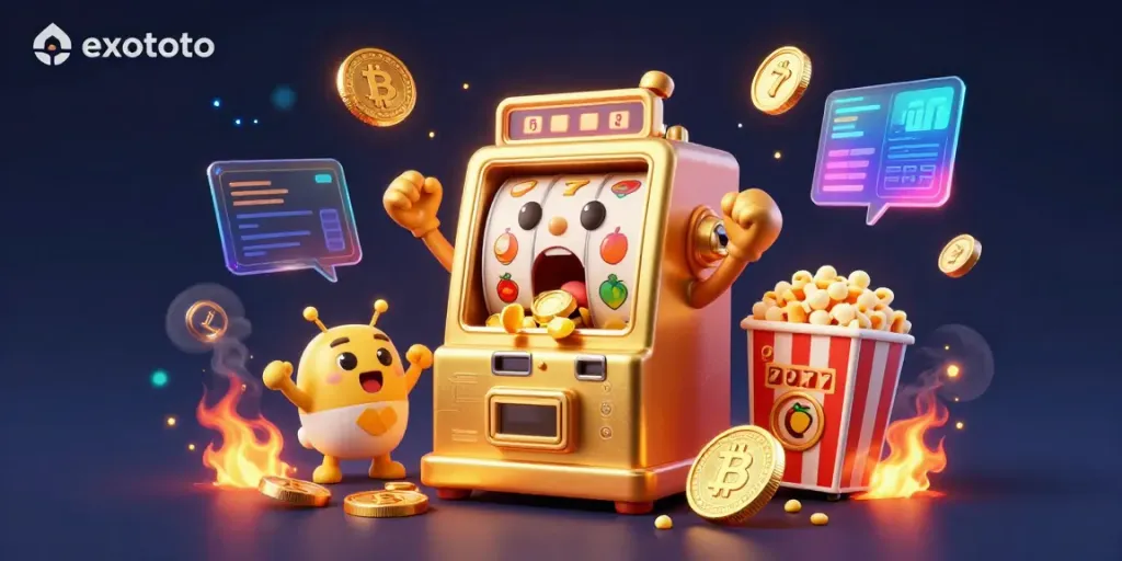 Slot gacor exototo tampak menang jackpot dengan koin tersebar di sekitarnya.