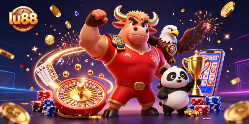 Engage in thrilling gaming action with lu88, featuring a victorious bull, eagle, and panda amidst dazzling casino elements.