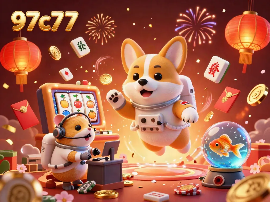Experience the thrill of gaming at 97c77, featuring a vibrant casino scene with an astronaut corgi and energetic elements.