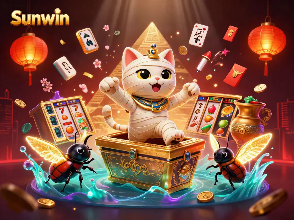 Experience the thrilling Sunwin gaming scene with energetic characters and dynamic casino elements.