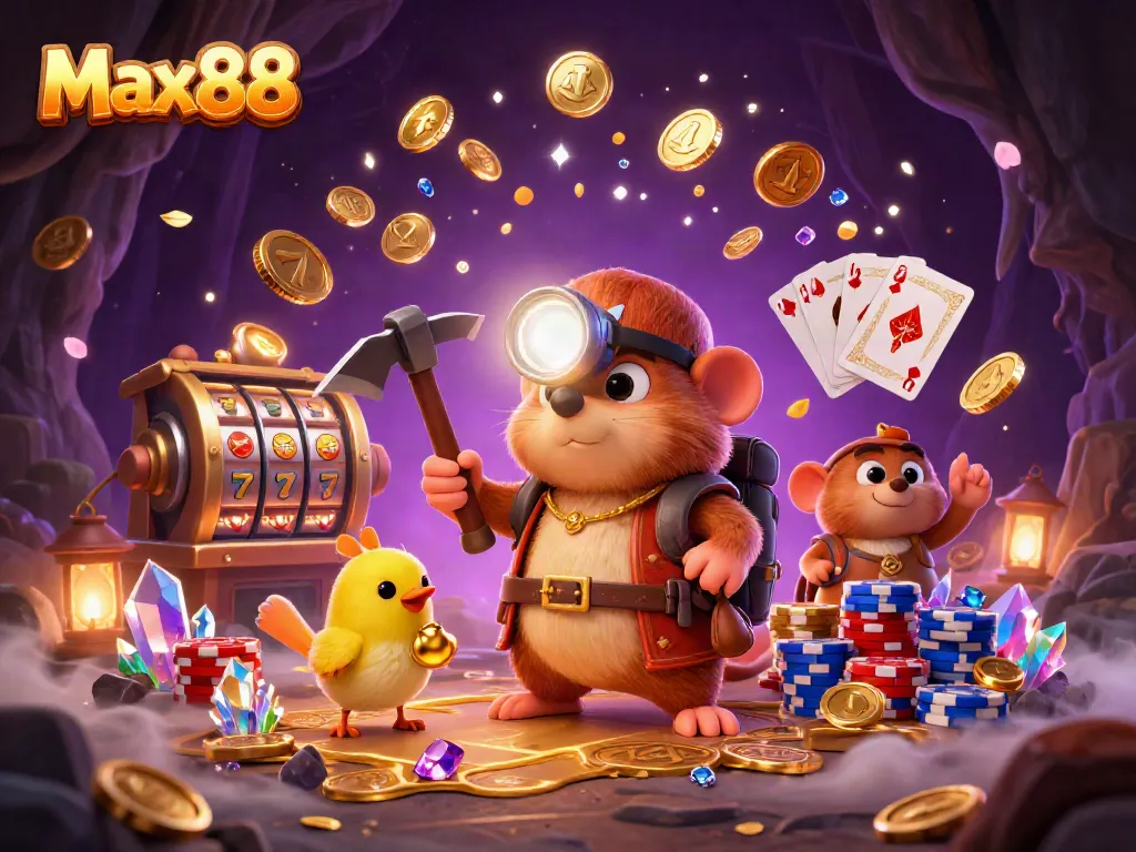 Max88 showcases thrilling action with a cartoon mole mining gems and winning slots, creating a joyful casino vibe.