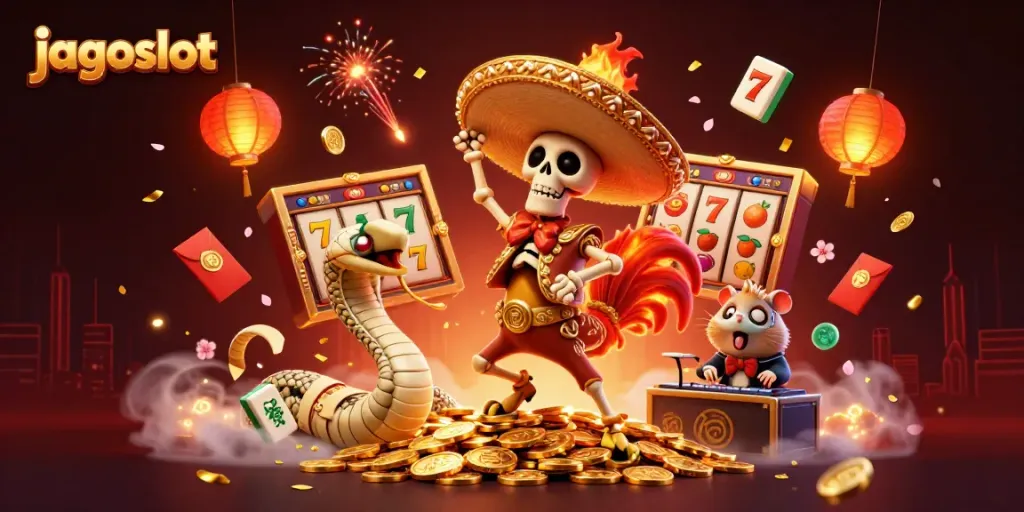 jagoslot menampilkan ilustrasi kasino digital yang menarik dengan karakter unik dan simbol keberuntungan
