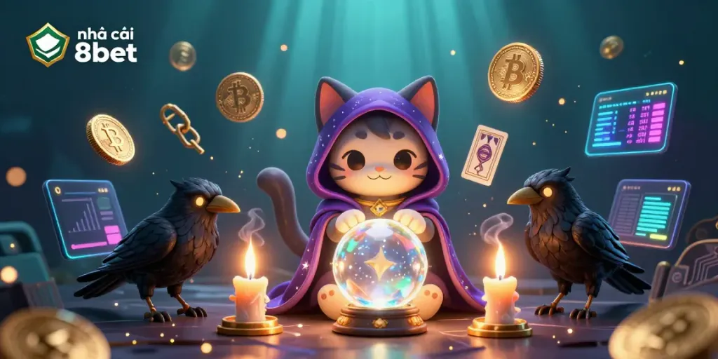 Engage with nhà cái 8kbet through a mystical 3D illustration combining a cat fortune teller and tarot raven in an underwater casino setting.