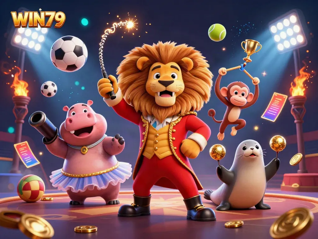 Experience thrilling action with WIN79 playing card games and sports betting in a vibrant 3D illustration.