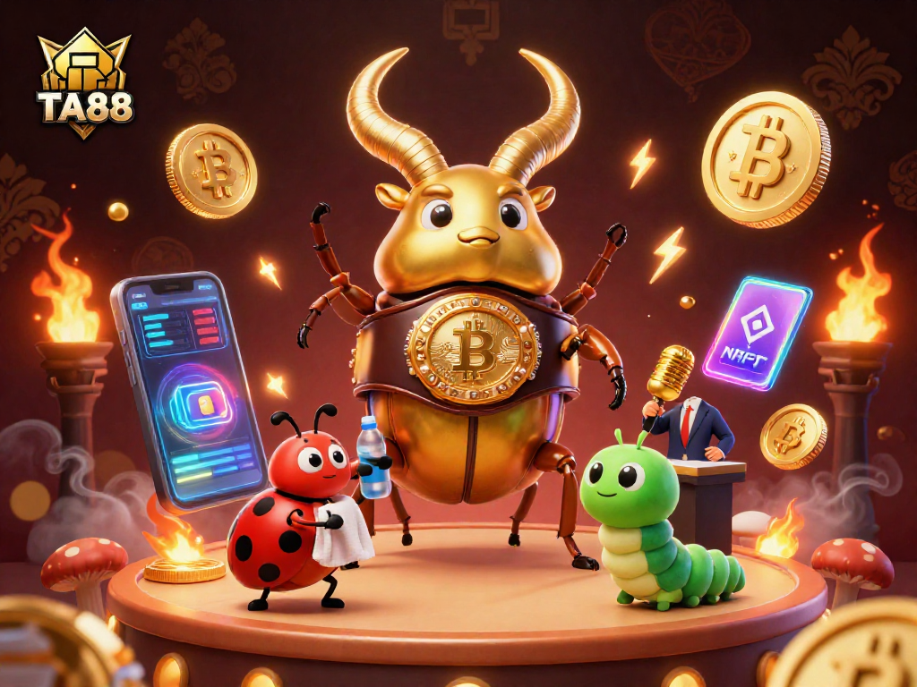 Join the excitement at TA88, where the golden stag beetle embodies online gaming thrill amidst vibrant crypto elements.