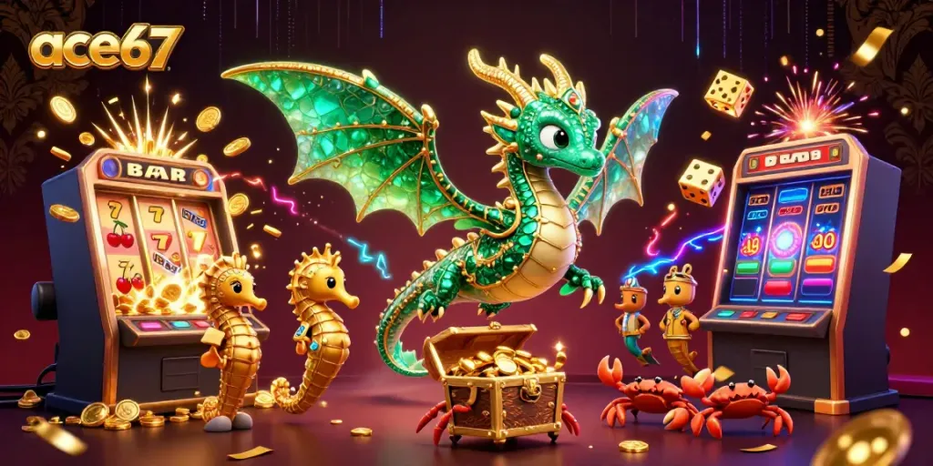 Experience the exciting world of ace67 with a vibrant sea dragon and dynamic casino elements.
