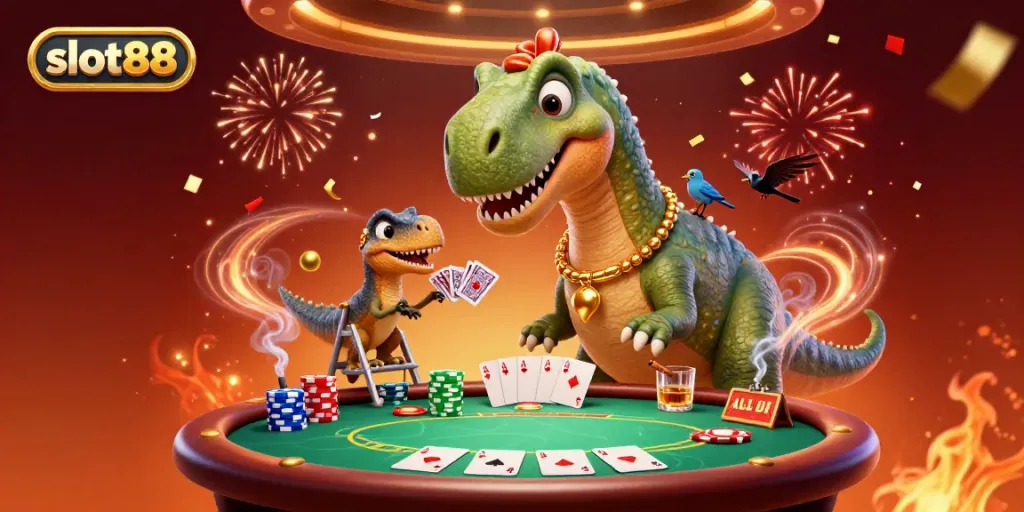 Gambaran slot88 di casino dengan brontosaurus dan raptor bermain kartu.