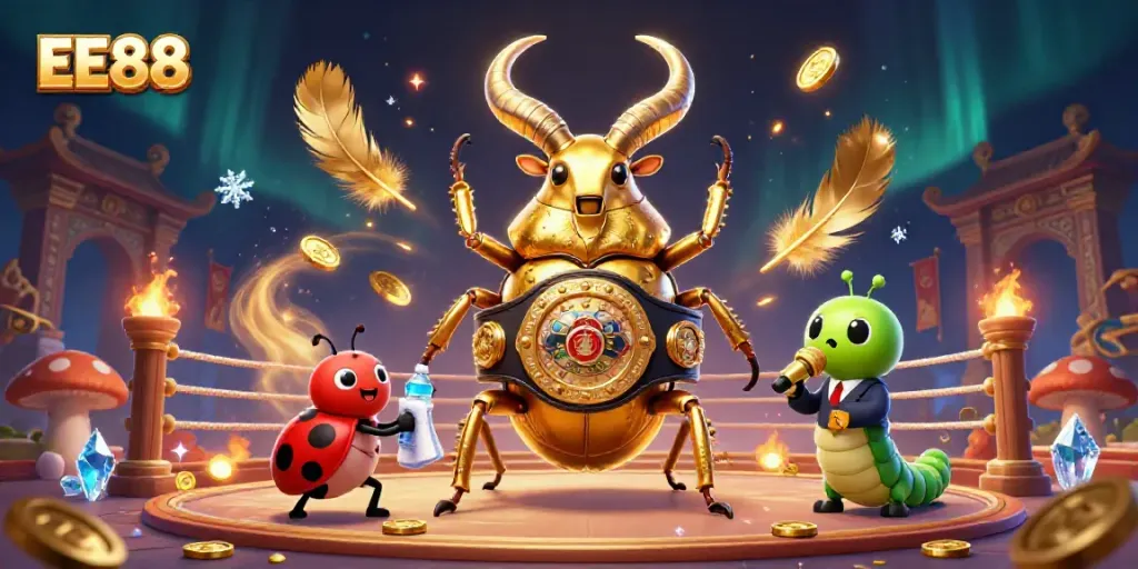 EE88 gaming showdown featuring a golden stag beetle and a vibrant background, capturing the excitement of online gambling.