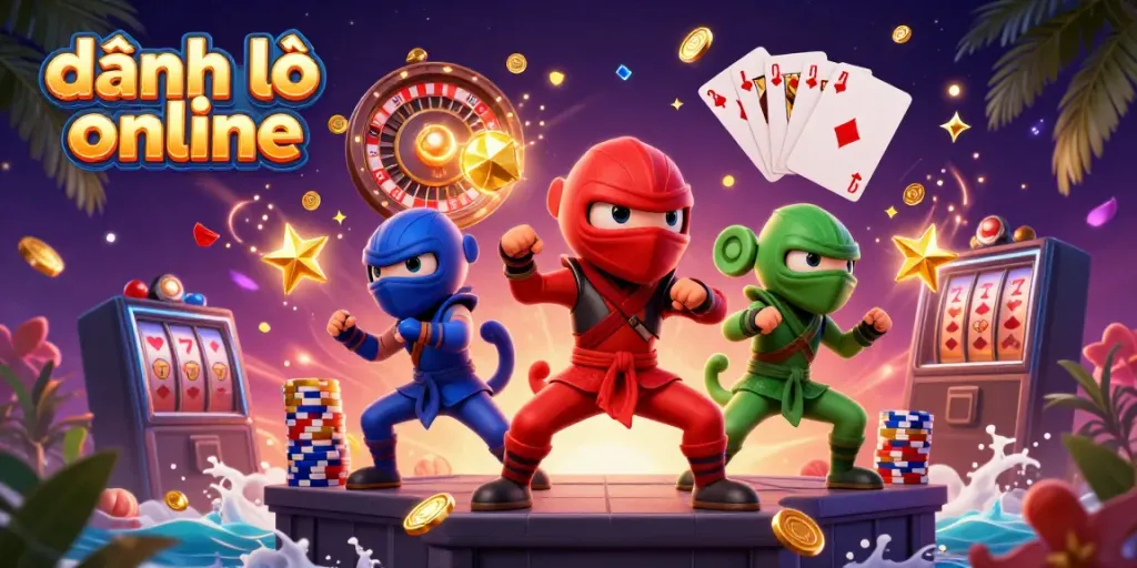 Engaging scene of 3D cartoon ninja chameleons showcasing their skills while promoting đánh lô đề online with dynamic casino elements.