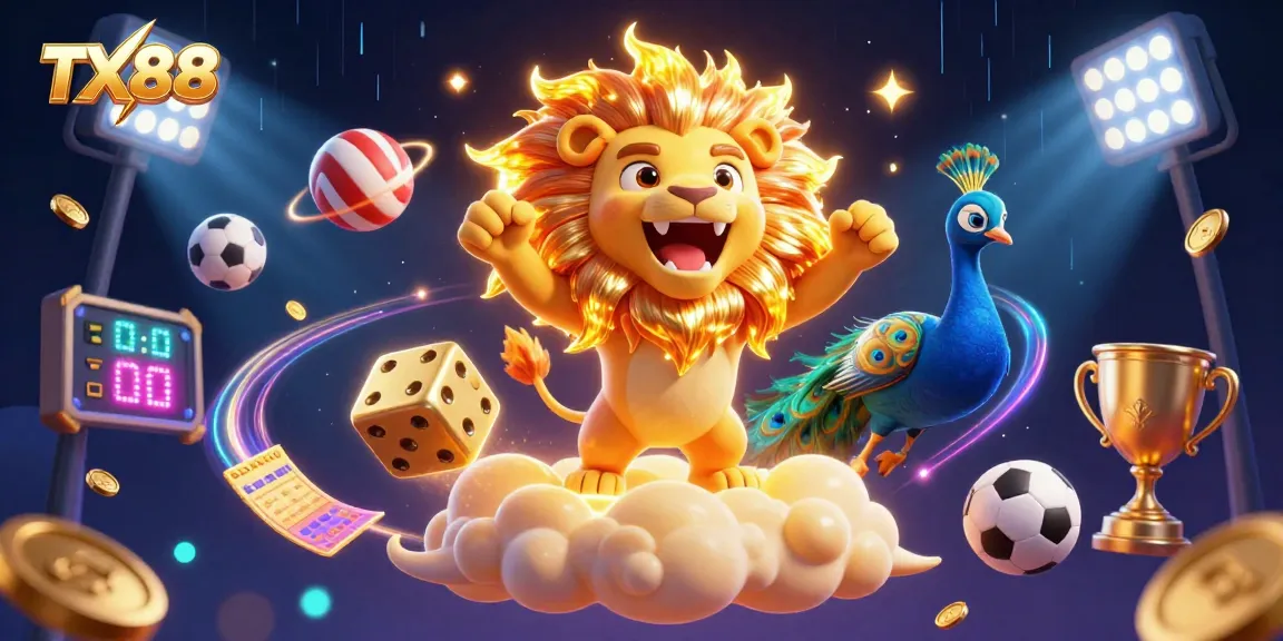 Experience the excitement of TX88 with a dynamic casino scene featuring vibrant characters and sports elements.