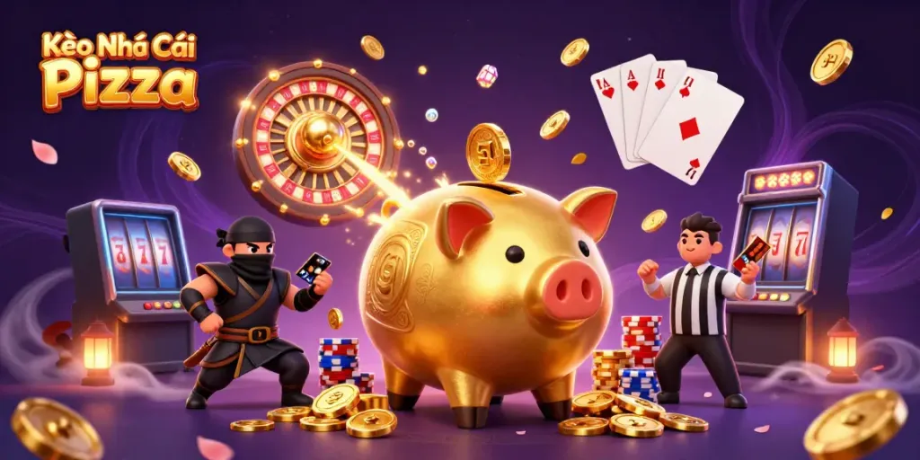 Kèo Nhà Cái Pizza showcases a lively casino scene with a sumo wrestler piggy bank and dynamic game elements.
