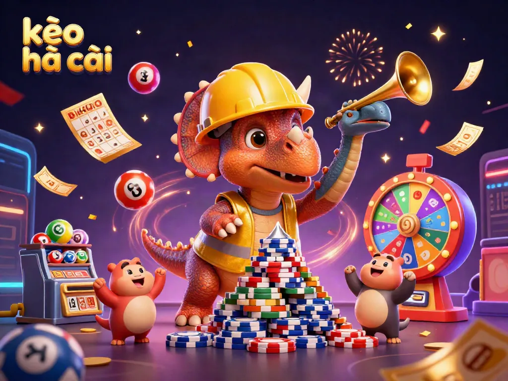 Engaging kèo nhà cái scene with colorful characters celebrating and dynamic lottery elements.