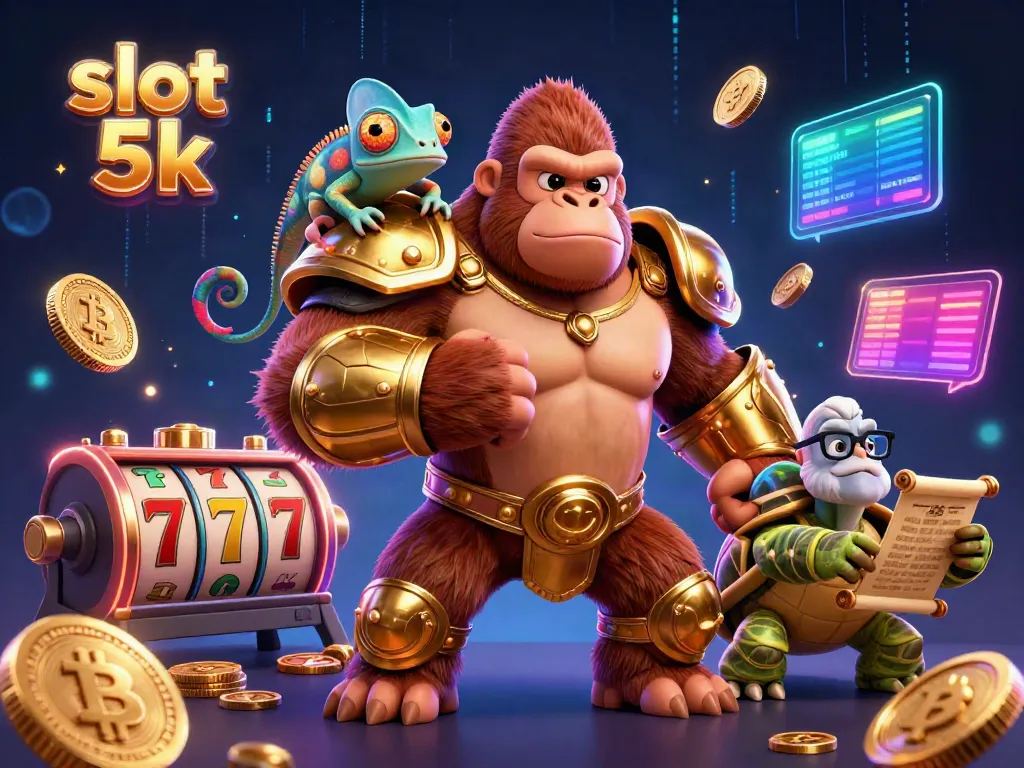 Experience thrilling wins with slot 5k, featuring a gorilla king, a chameleon, and a tortoise in a vibrant casino setting.