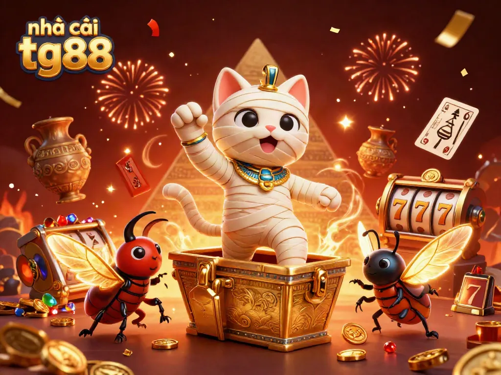 Engage with the vibrant gaming world at Nhà cái tg88, featuring a captivating mummy cat in a dynamic casino setting.