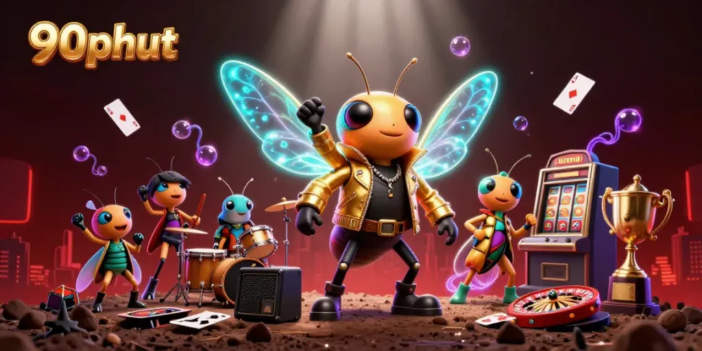 90phut live casino scene featuring a cartoon cicada rock star and vibrant gambling elements