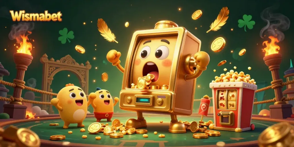 Momen jackpot mengesankan dengan Wismabet, mesin slot emas terkejut saat koin berjatuhan.