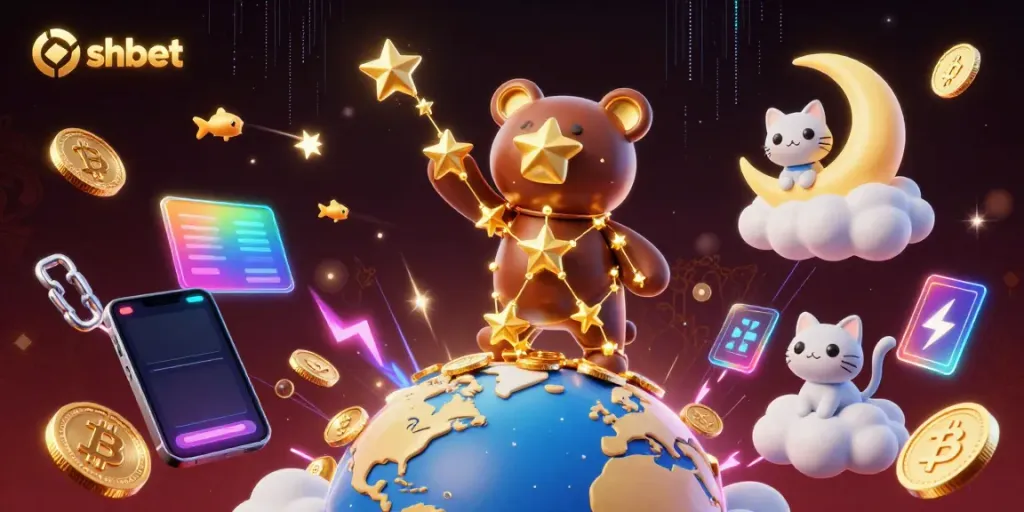 Play and win at shbet with a vivid 3D constellation bear scooping coins in an exciting gambling scene.
