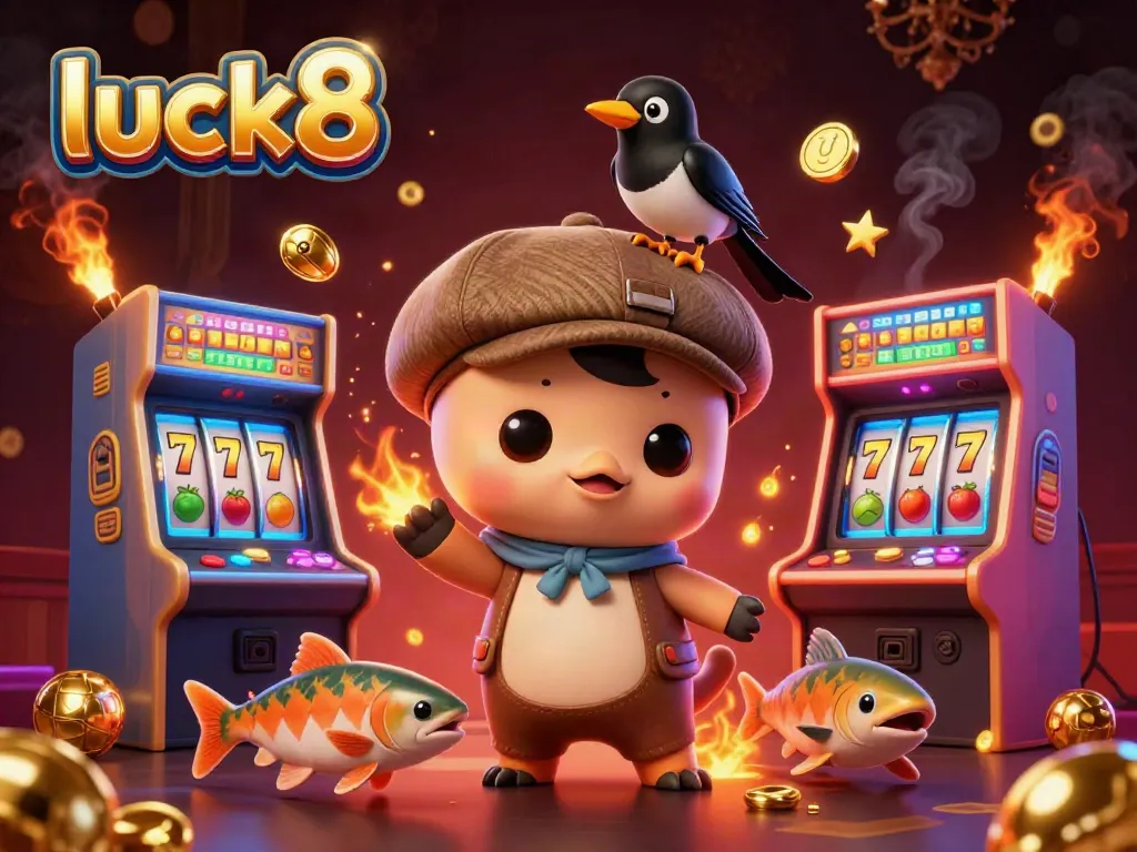 Engage with luck8's vibrant casino experience featuring playful characters surrounded by colorful slot machines.