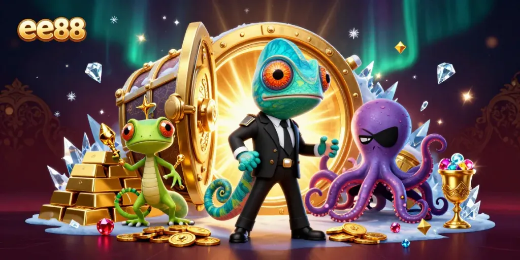 Experience thrilling moments at ee88 with a colorful scene featuring a secret agent chameleon, tech-savvy gecko, and cunning octopus amid treasures and jewels.