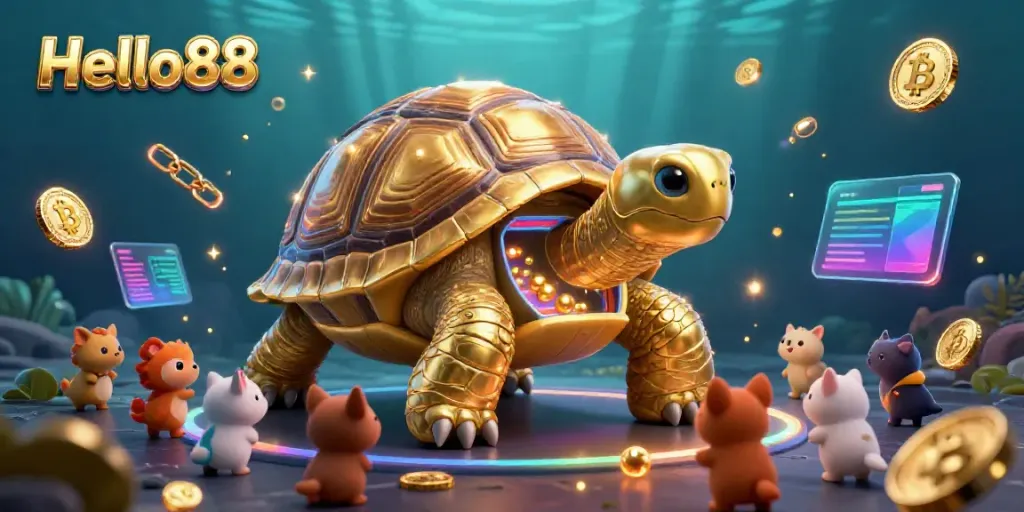 Engage with Hello88’s captivating golden tortoise casino scene, showcasing fun gameplay and cryptocurrency elements.