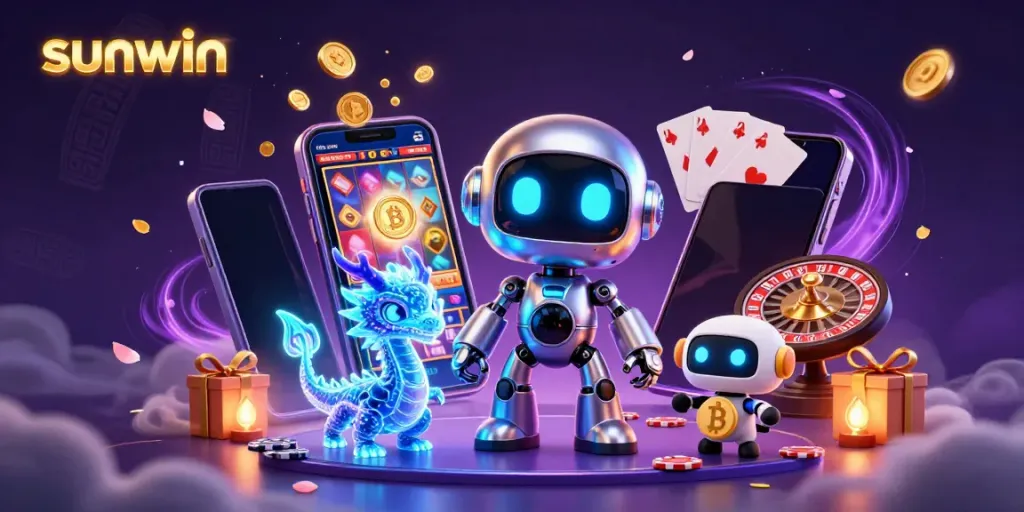 Experience fun with sunwin's vibrant slot game scene featuring a cyberpunk robot and holographic dragon.