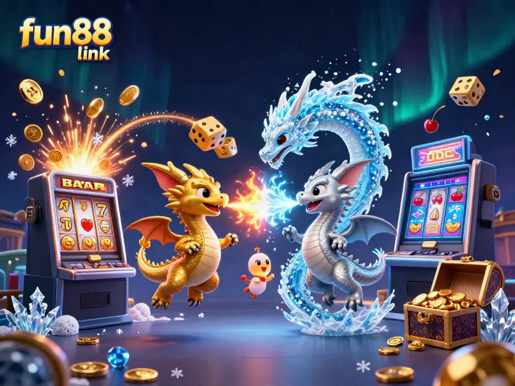Engage with the fun88 link through vibrant dragons encircled by slot machines and casino symbols.