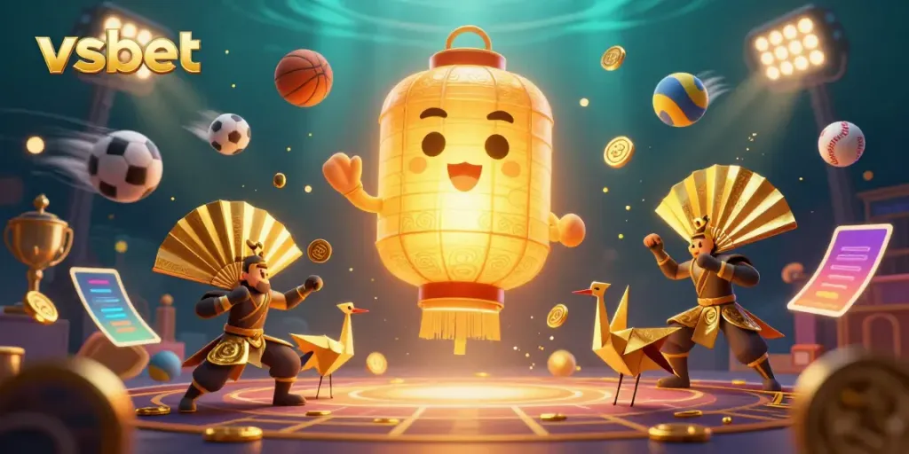 Engage with vsbet through a vibrant casino scene featuring lucky symbols and dynamic sports elements.