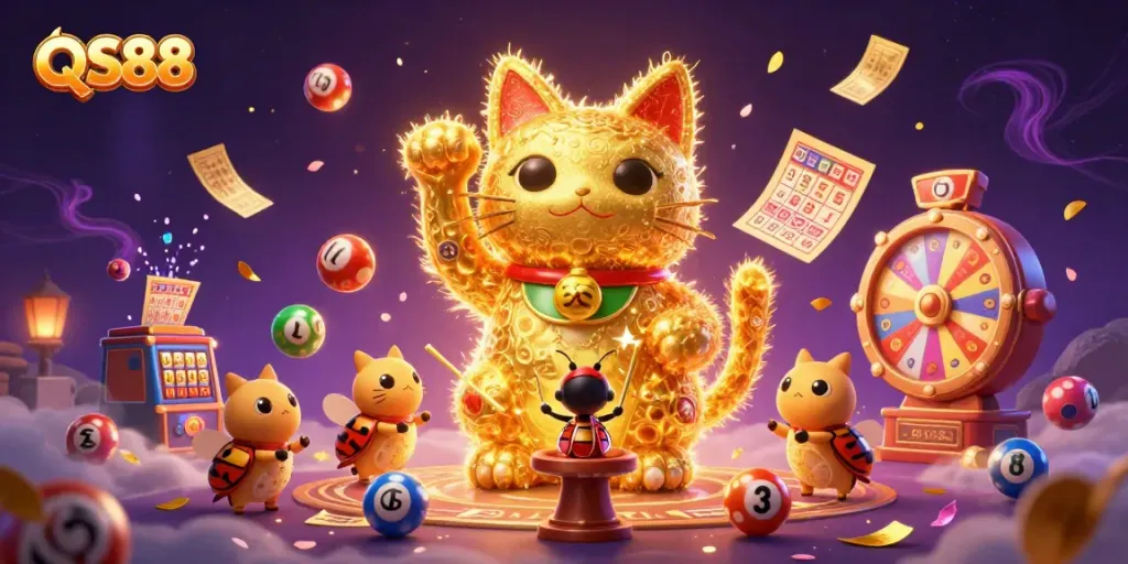 Engage with QS88's thrilling casino world, featuring a giant lucky cat and vibrant game elements.