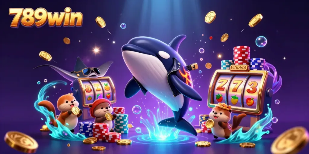 Experience the thrill of winning at 789win with a vibrant casino-themed scene featuring playful sea creatures.