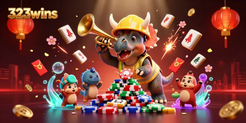 Engage in thrilling gameplay at 323wins, where vibrant characters celebrate winning poker chip formations amidst a rich casino backdrop.
