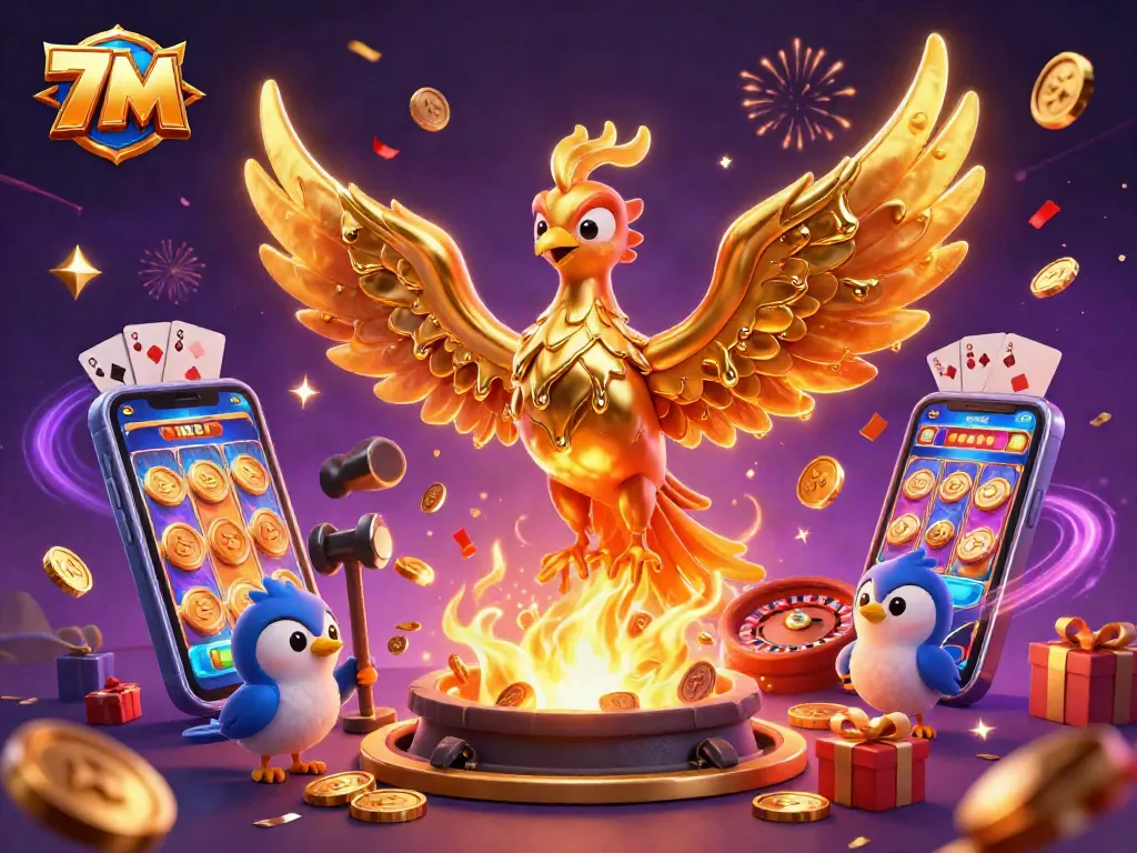 Watch the 7M phoenix emerging from a molten forge while winning with slot games and cards.