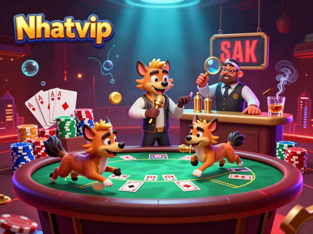Nhatvip hyena-themed comedy casino club scene with vibrant colors and dynamic gaming elements.